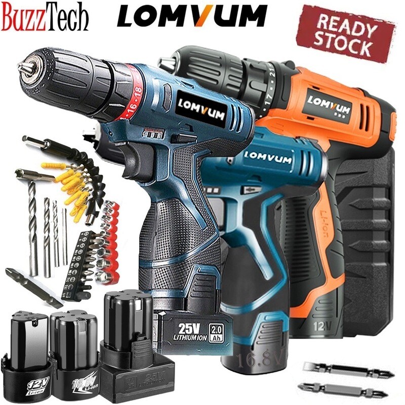 BuzzTech LOMVUM Cordless Drill 12V/16.8V/25V Screwdriver Rechargeable Electric Drill