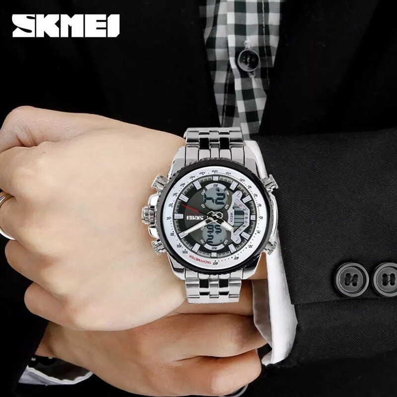 SKMEI Men Sports Watches Stainless Steel Men&#39;s Watch Dual Display Analog Digital  Waterproof JM-296