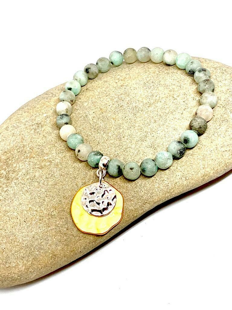 Frosted Seasme Jasper 7 inch charm stretch stacker charm bracelet.