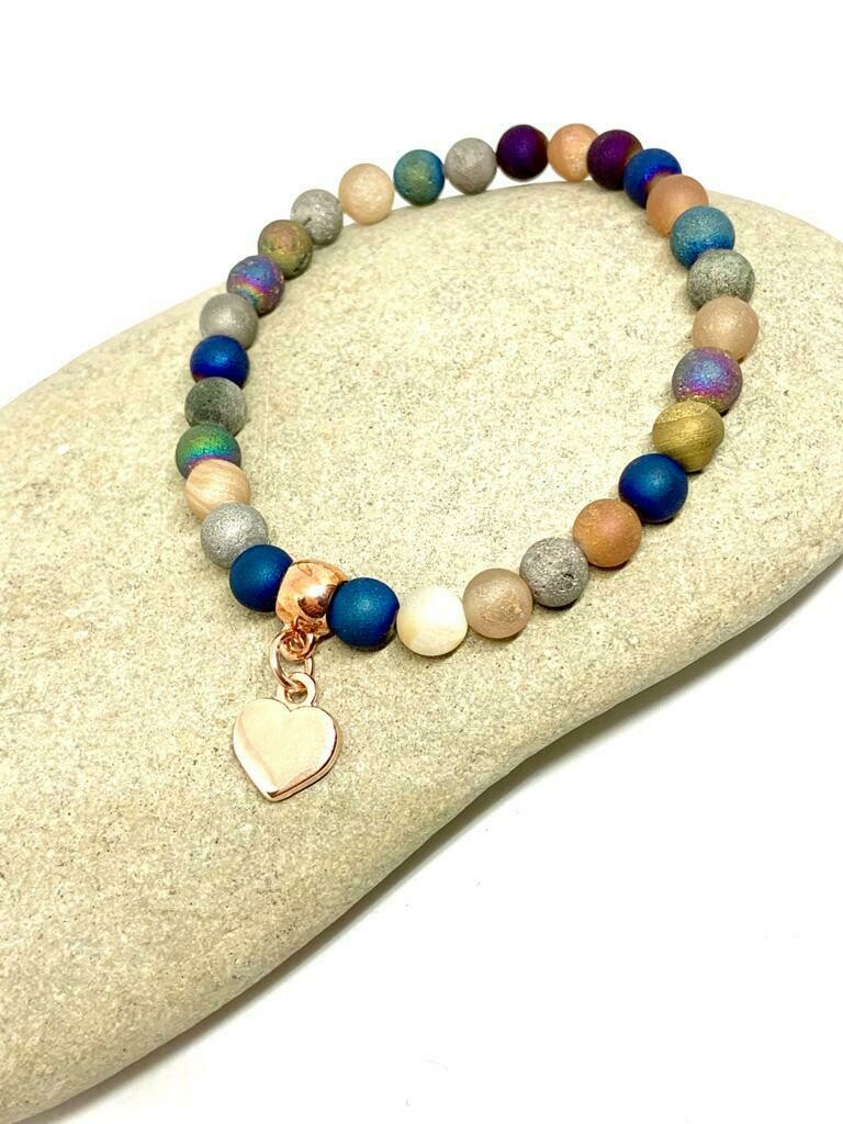 Druzy Agate 7 inch stretch stacker  heart Charm bracelet.