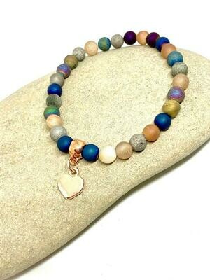 Druzy Agate 7 inch stretch stacker  heart Charm bracelet.
