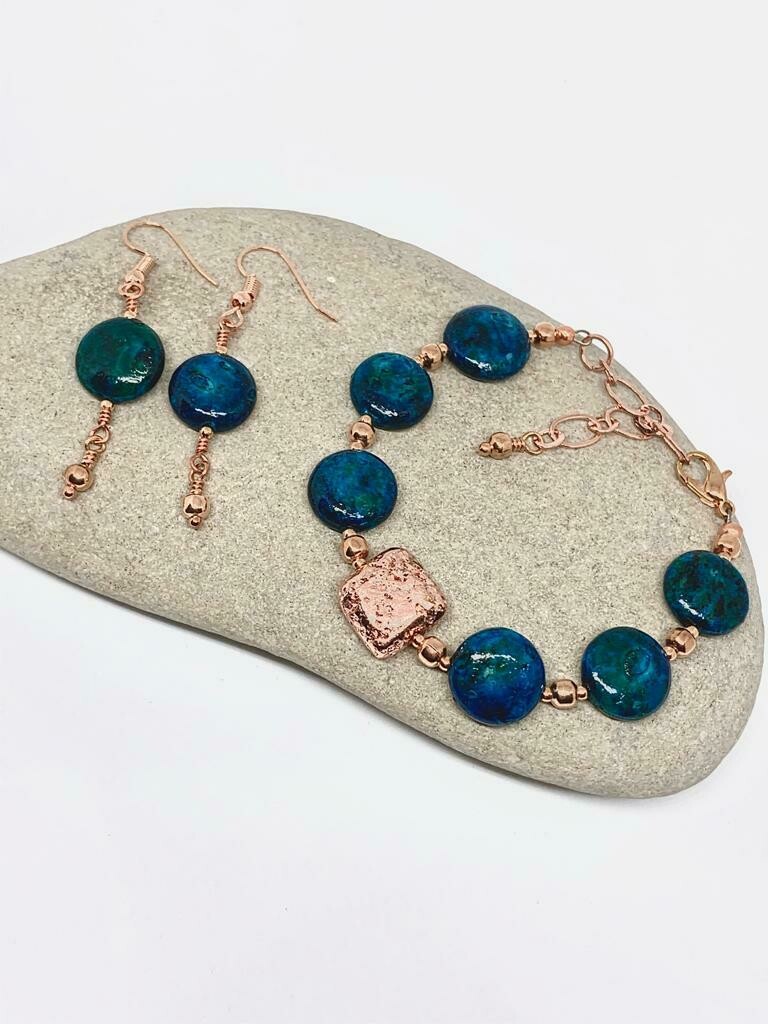 Chrysocolla Rose Gold Bracelet and Earring set.