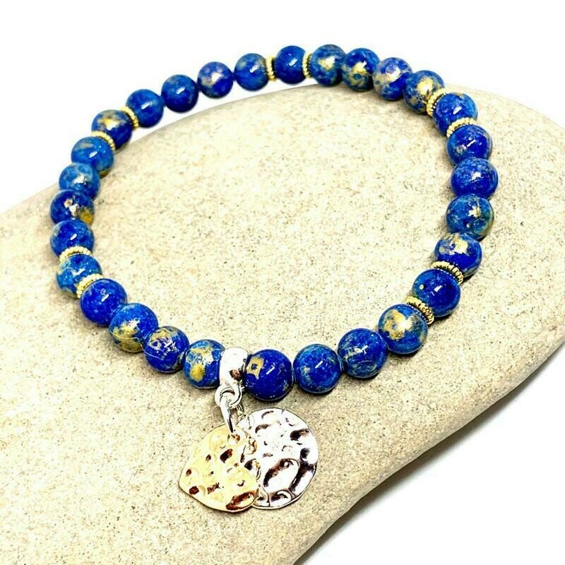 Mashan Jade Blue and Gold fleck 7 inch stretch stacker charm bracelet