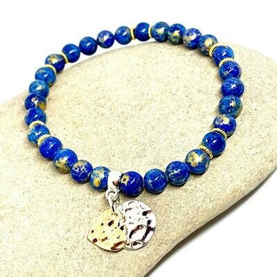Mashan Jade Blue and Gold fleck 7 inch stretch stacker charm bracelet