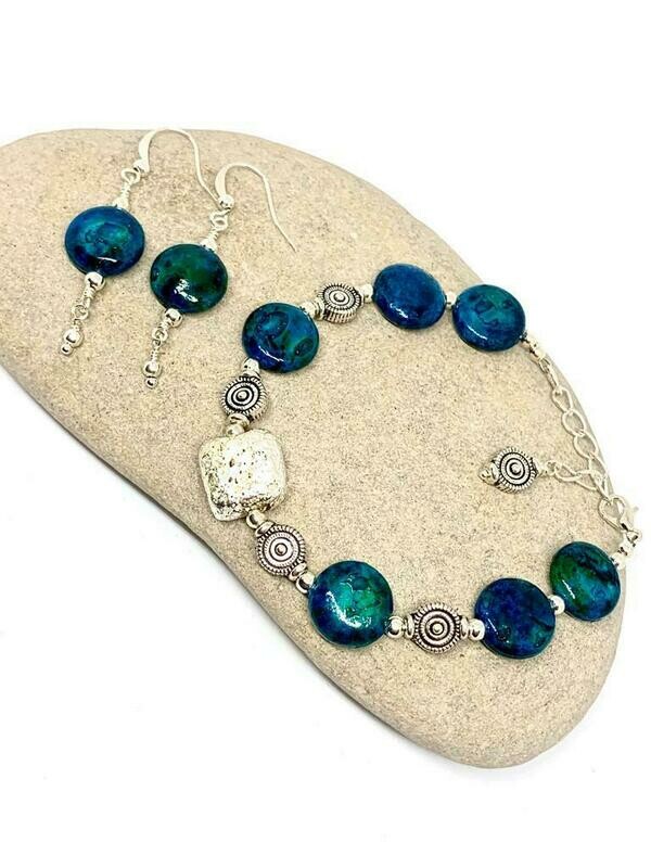 Chrysocolla Silver Bracelet and Earring set.