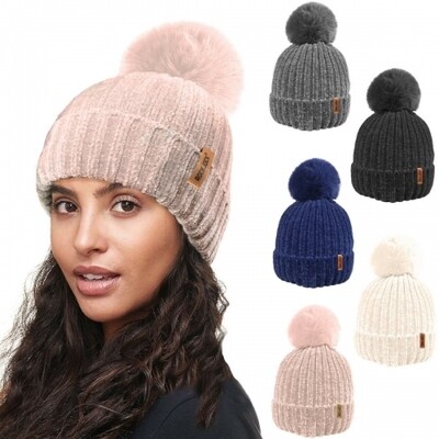 Ladies Ultra Soft Chenille Knitted Ski Hat with Large Detachable Faux Fur PomPom by RockJock