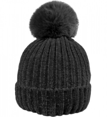 Ladies Ultra Soft Chenille Knitted Ski Hat with Large Detachable Faux Fur PomPom by RockJock
