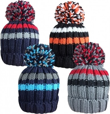 Boys Striped Chunky Knitted Ski Hat with Large Bobble by Rockjock