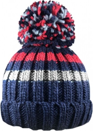Boys Striped Chunky Knitted Ski Hat with Large Bobble by Rockjock, Colour: Blue Gray &amp; Red
