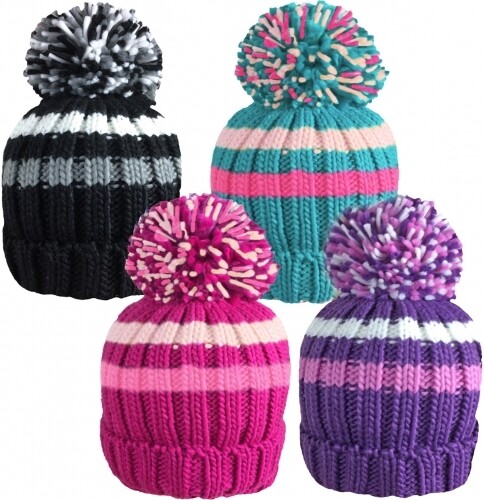 Girls Striped Chunky Knitted Ski Hat with Large Bobble by Rockjock, Colour: Pink &amp; Cream