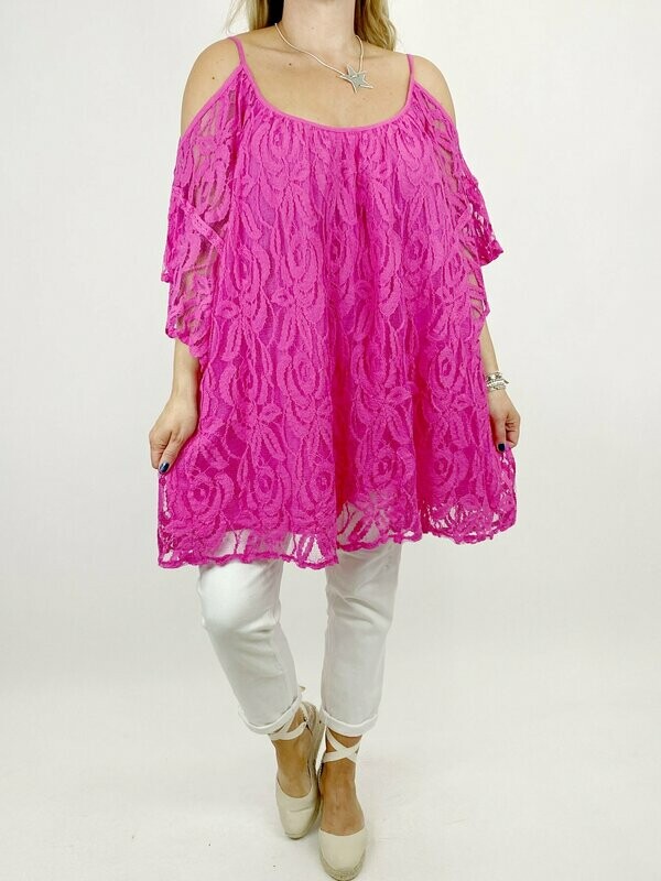 LAGENLOOK AMALFI LACE SHOULDER-LESS TOP IN FUCHSIA