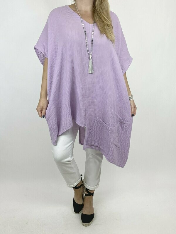 LAGENLOOK BOBBI V- NECK DOUBLE POCKET TOP IN LILAC