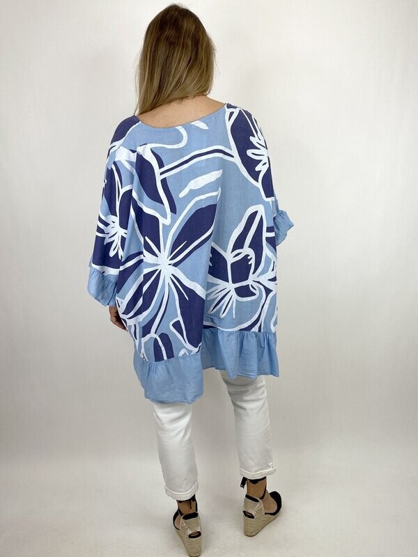 LAGENLOOK GRACE FLOWER FRILL TOP IN SKY