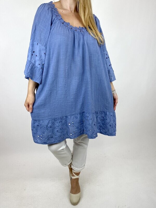 LAGENLOOK CAPRI LACE TOP IN DENIM.