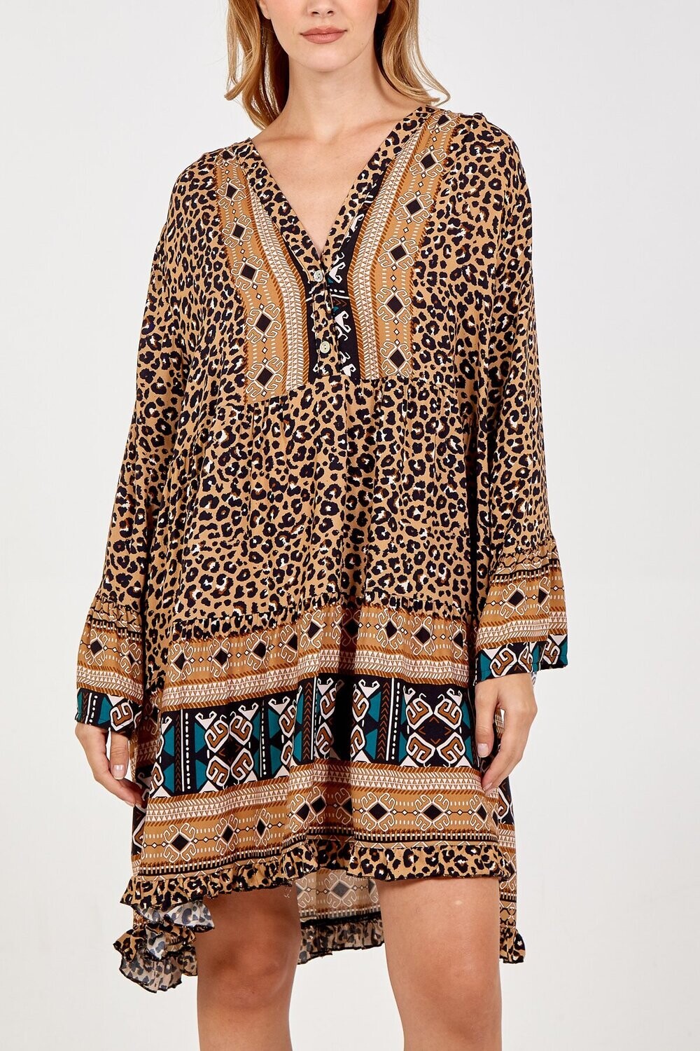 Boho Leopard Print Tiered Pattern Long Sleeve Dress Camel