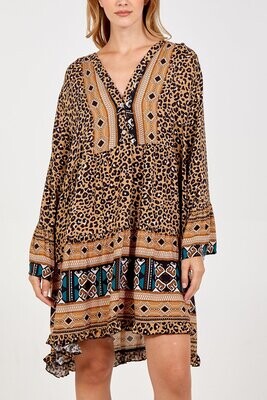 Boho Leopard Print Tiered Pattern Long Sleeve Dress Camel