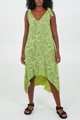 Palm Leaf Print Tie Shoulder High Low Dress Lime