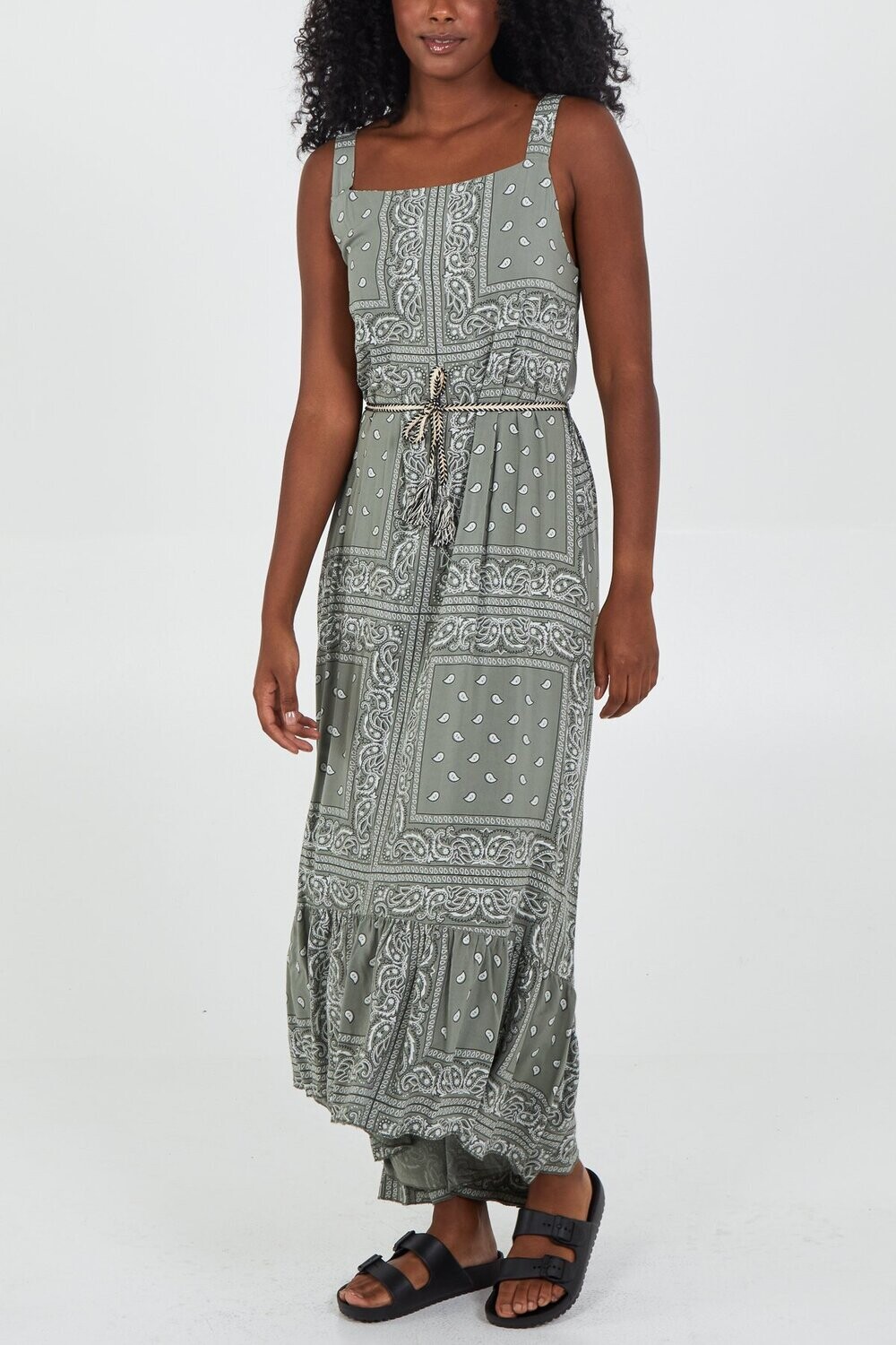 Paisley Print Square Neck Belt Dress  Khaki