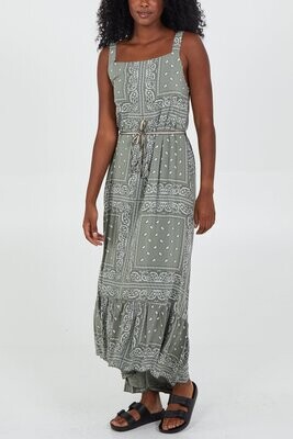 Paisley Print Square Neck Belt Dress  Khaki