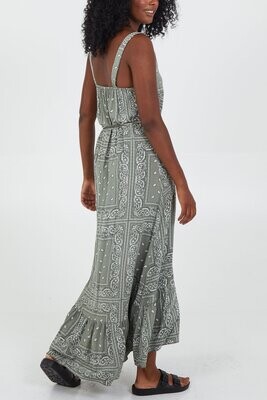 Paisley Print Square Neck Belt Dress  Khaki