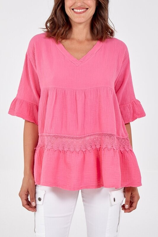 V-Neck Tiered Frill Sleeved Cheesecloth Top