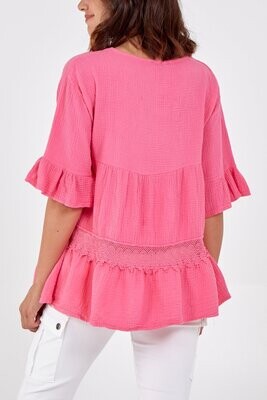 V-Neck Tiered Frill Sleeved Cheesecloth Top
