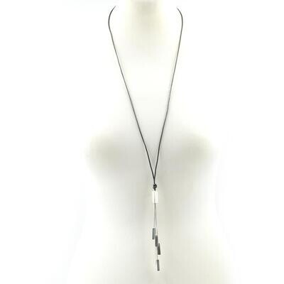 SILVER RECTANGLE DROPPERS ON A GREY LEATHER CORD NECKLACE