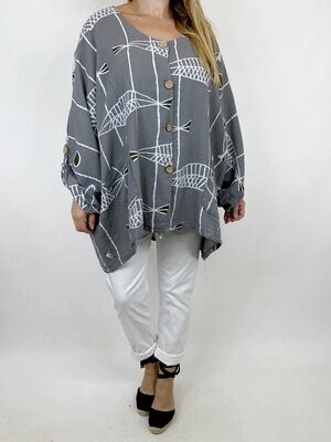 LAGENLOOK QUIRKY PATTERNED LINEN BLEND TOP JACKET IN MID GREY