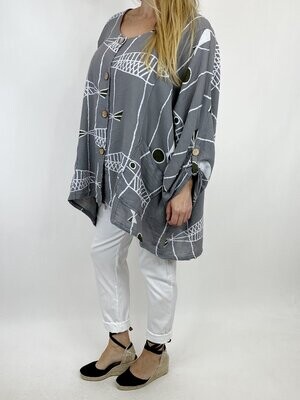 LAGENLOOK QUIRKY PATTERNED LINEN BLEND TOP JACKET IN MID GREY