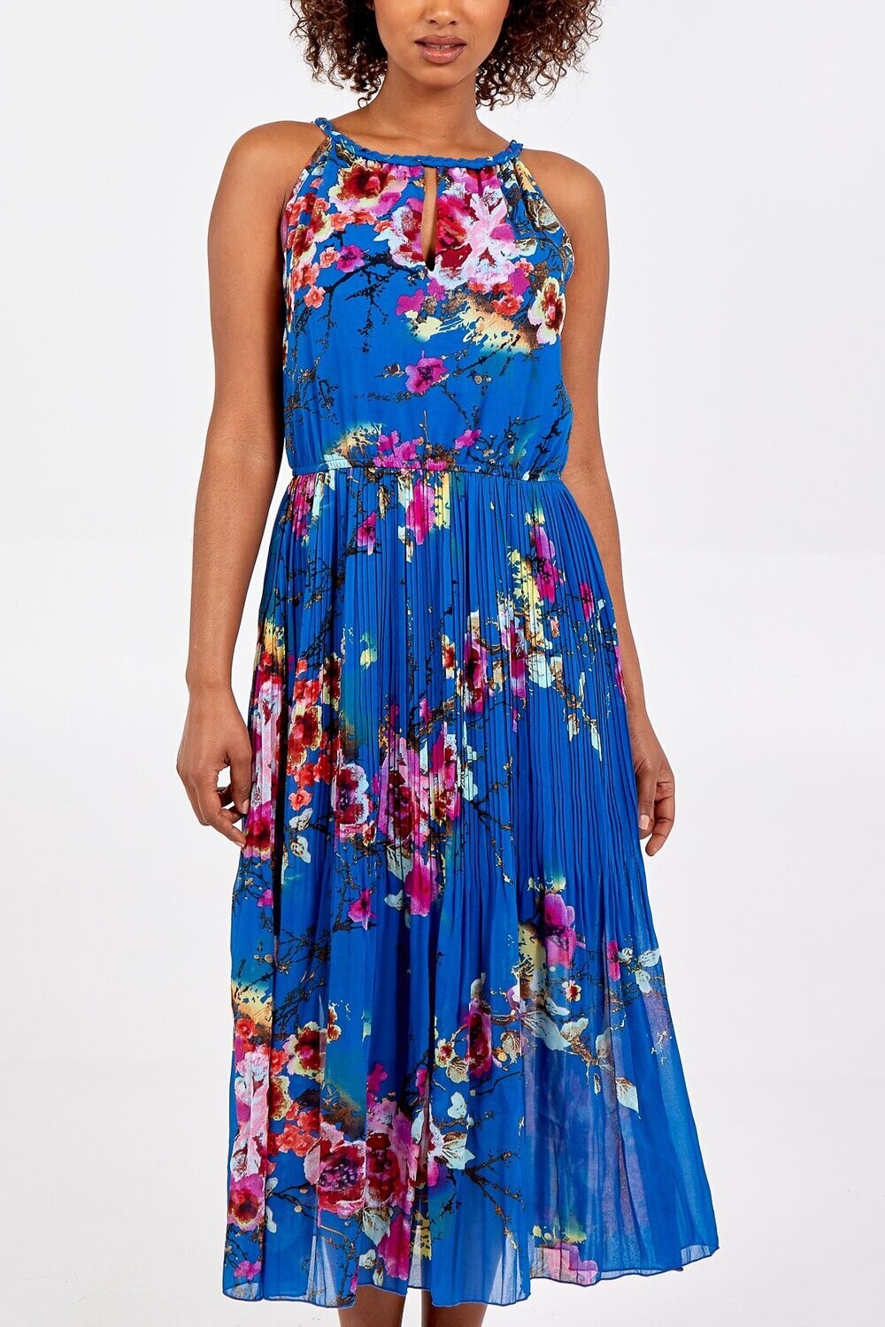 Floral Pleated Midi Dress Royal Blue, Size: 8