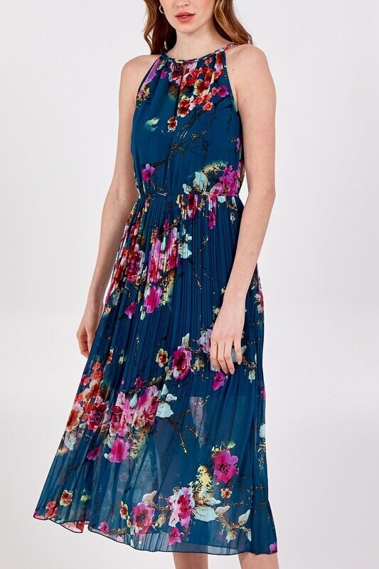 Floral Pleated Midi Dress Green