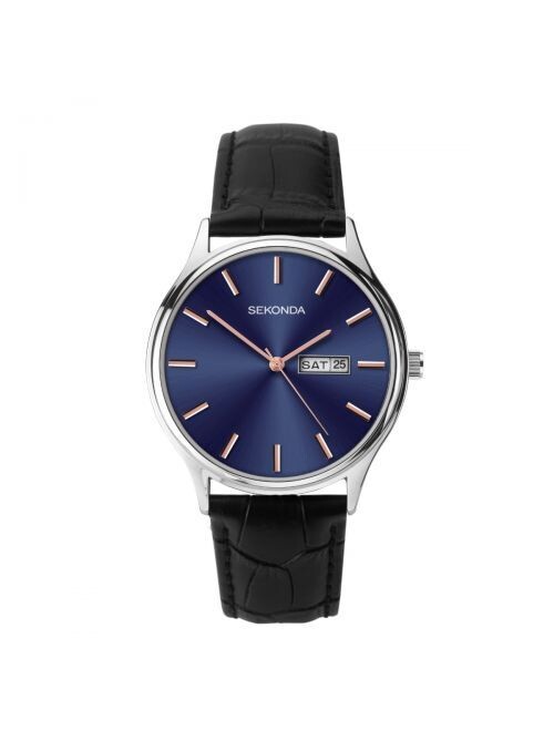 Sekonda Men's Blue face daydate Black Leather Strap Watch 1701