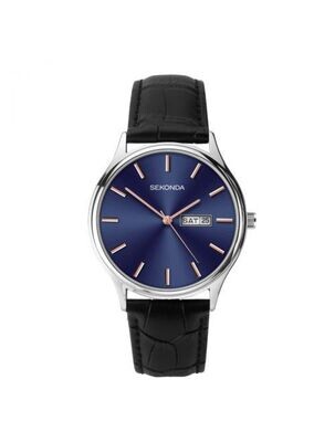 Sekonda Men's Blue face daydate Black Leather Strap Watch 1701