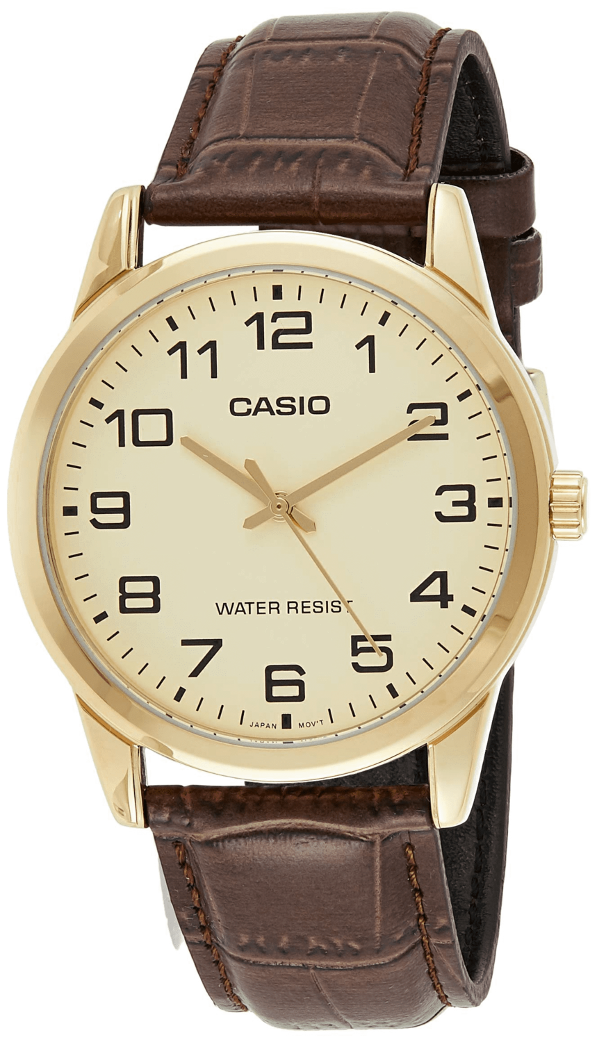 CASIO MEN'S FASHION DESIGNER GOLD DIAL BROWN LEATHER STRAP WATCH MTP-V001GL-9BUDF