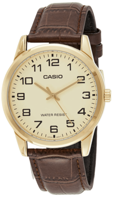 CASIO MEN'S FASHION DESIGNER GOLD DIAL BROWN LEATHER STRAP WATCH MTP-V001GL-9BUDF