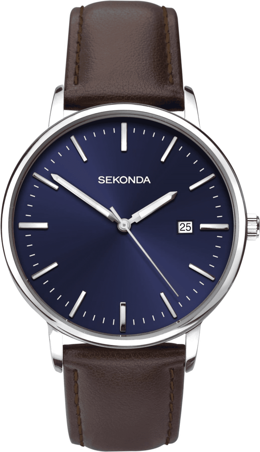 SEKONDA MENS SILVER TONE LEATHER STRAP WATCH 1379