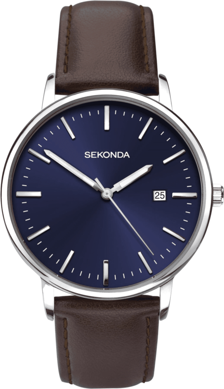 SEKONDA MENS SILVER TONE LEATHER STRAP WATCH 1379