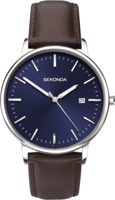 SEKONDA MENS SILVER TONE LEATHER STRAP WATCH 1379