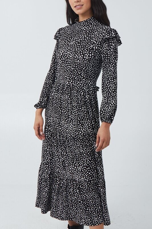 Nova of London High Neck Frill Shoulder Tiered Dress Black