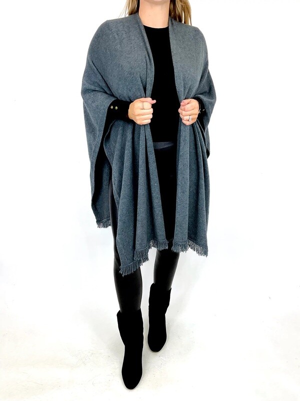 LAGENLOOK FRINGED TRIMMED WRAP PONCHO
