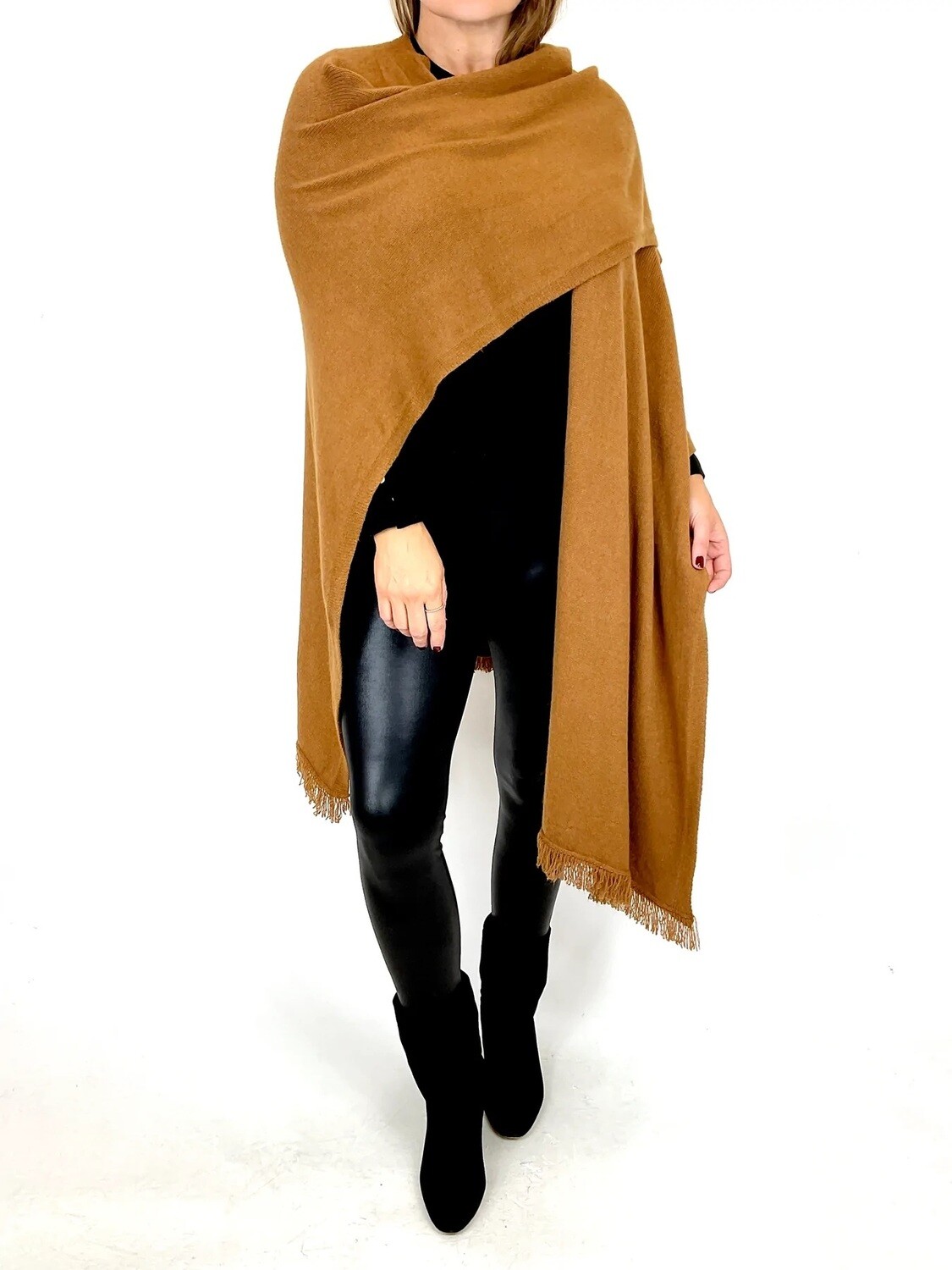 LAGENLOOK FRINGED TRIMMED WRAP PONCHO LAGENLOOK FRINGED TRIMMED WRAP PONCHO, Colour: Tan