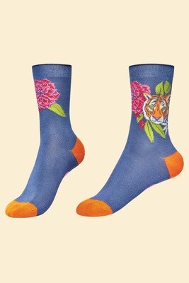 Floral Tiger Ankle Socks - Indigo