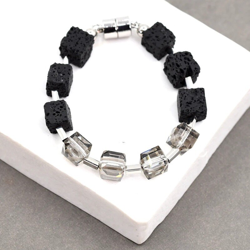 BLACK LAVA BEADED BRACELET WITH CRYSTAL BEADED SECTION