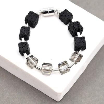 BLACK LAVA BEADED BRACELET WITH CRYSTAL BEADED SECTION