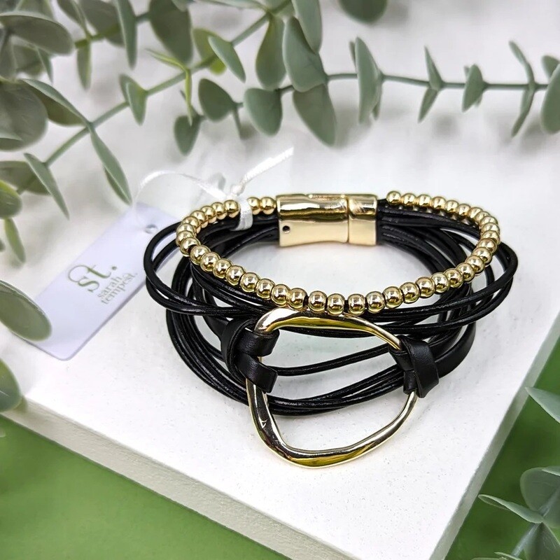 OPEN COMPONENT AND BEADS ON LEATHER BRACELET