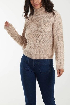 VELOUR KNIT ROLL NECK JUMPER  BEIGE