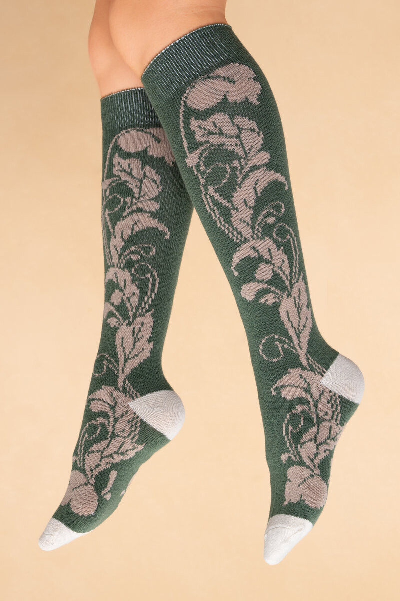 Opulent Floral Knee High Socks - Sage
