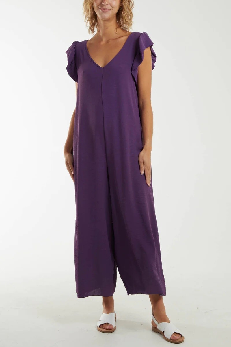 RUFFLE SLEEVE WIDE LEG JUMPSUIT, Colour: Purple