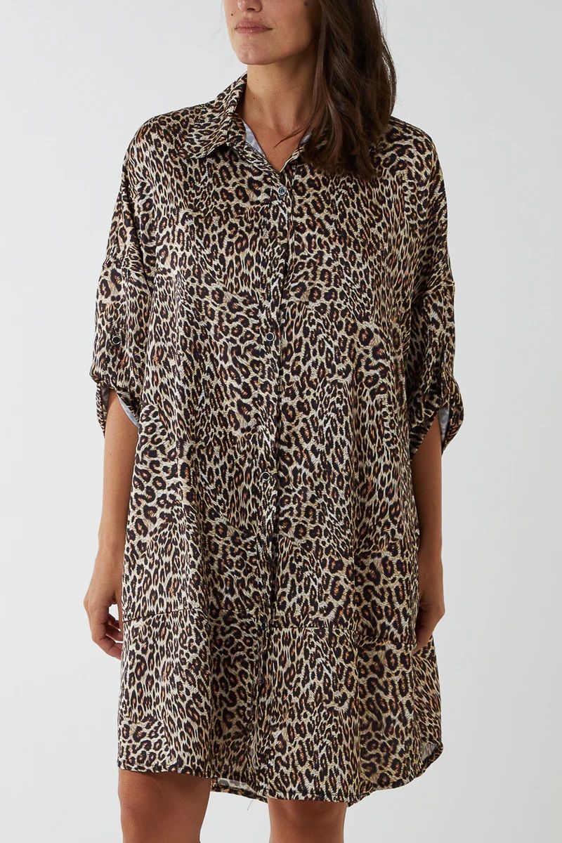 SATIN LEOPARD PRINT SHIRT DRESS