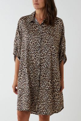 SATIN LEOPARD PRINT SHIRT DRESS